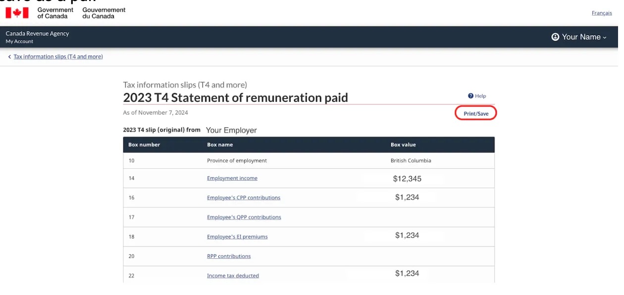 CRA print or save screen
